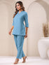 Light Blue Cotton Blend Solid Straight Pant
